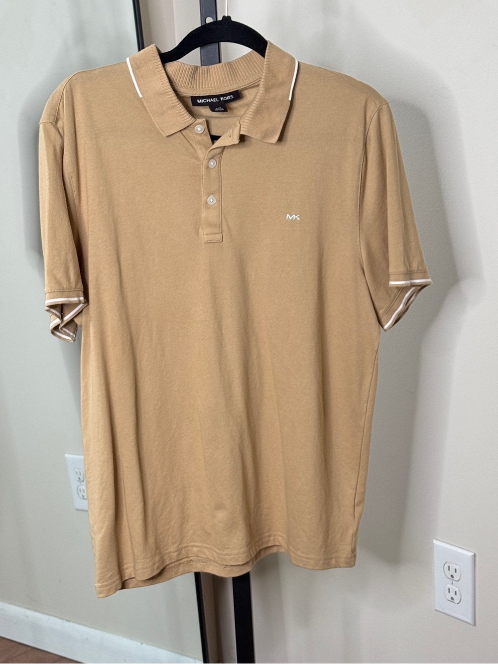 Michael Kors Men's Logo Polo Shirt White Detail Collar Sleeves Tan Camel Size L